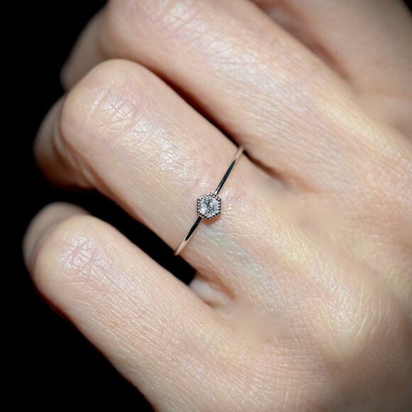 18K White Gold Hexagonal Diamond Petite Solitaire Stack Ring - Picture 2 of 6